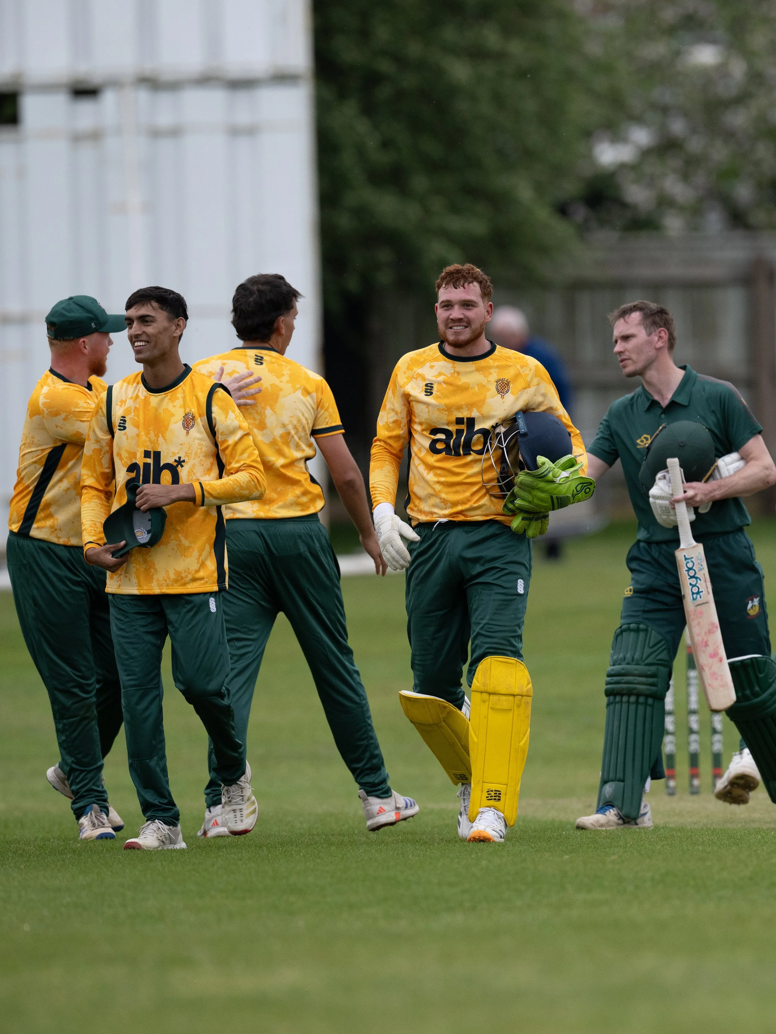 Cricket players dressed in yellow and green uniforms on a grassy field, some smiling and interacting, with cricket equipment like helmets, pads, and bat visible.