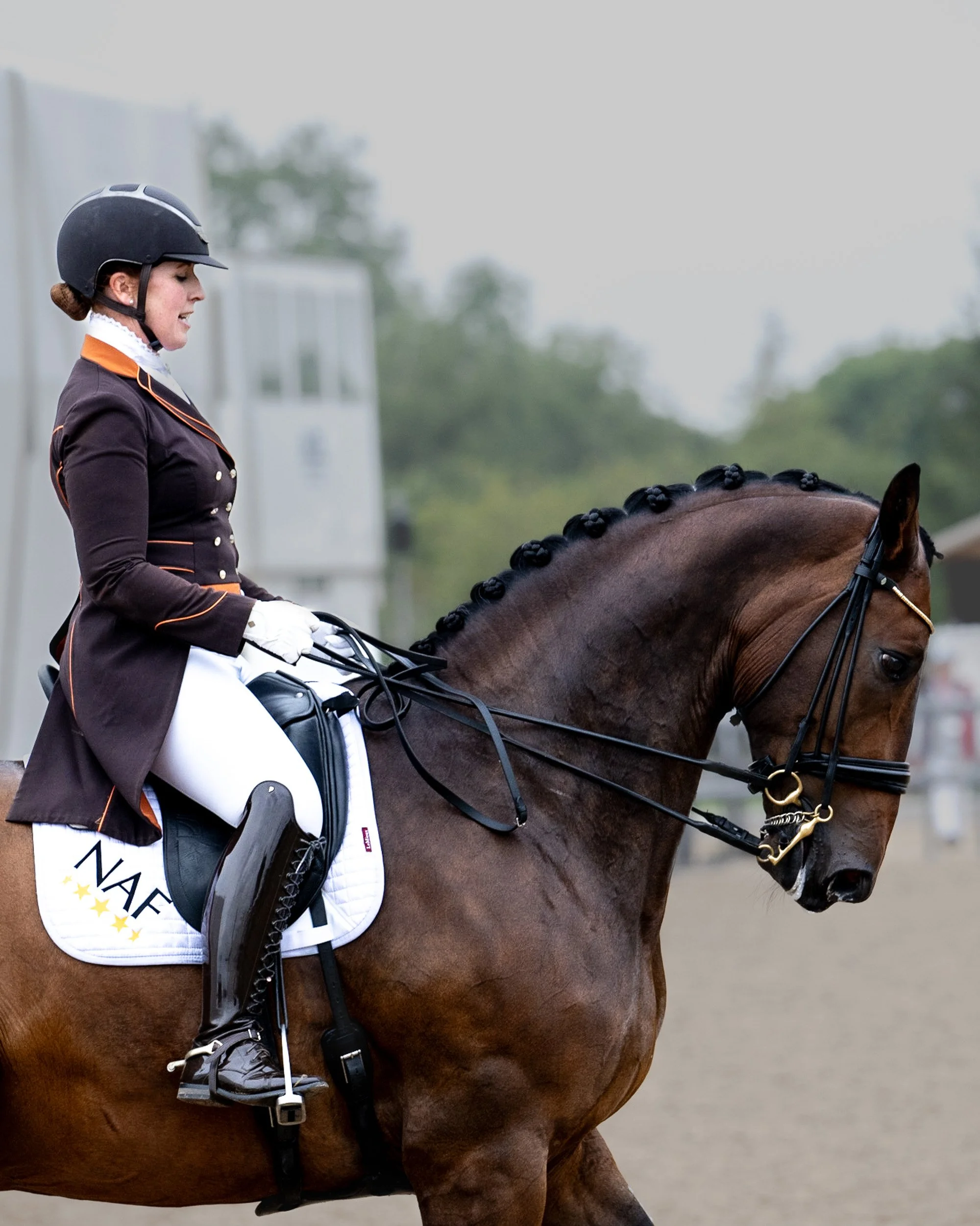 A woman in equestrian attire riding a brown horse outdoors during daytime.
