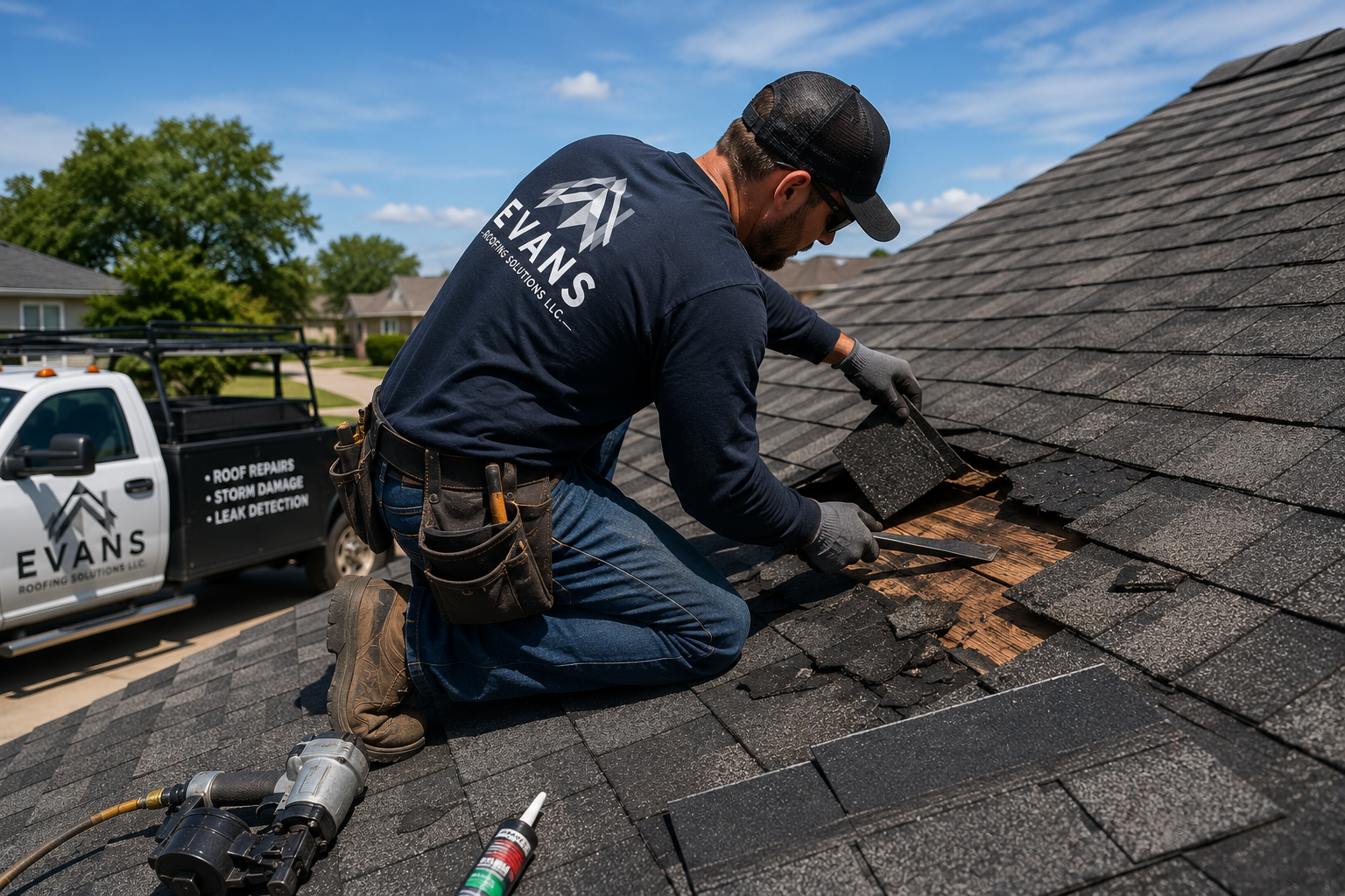 A handyman working on a shingled roof, replacing damaged shingles on a sunny day with a cloudy sky.