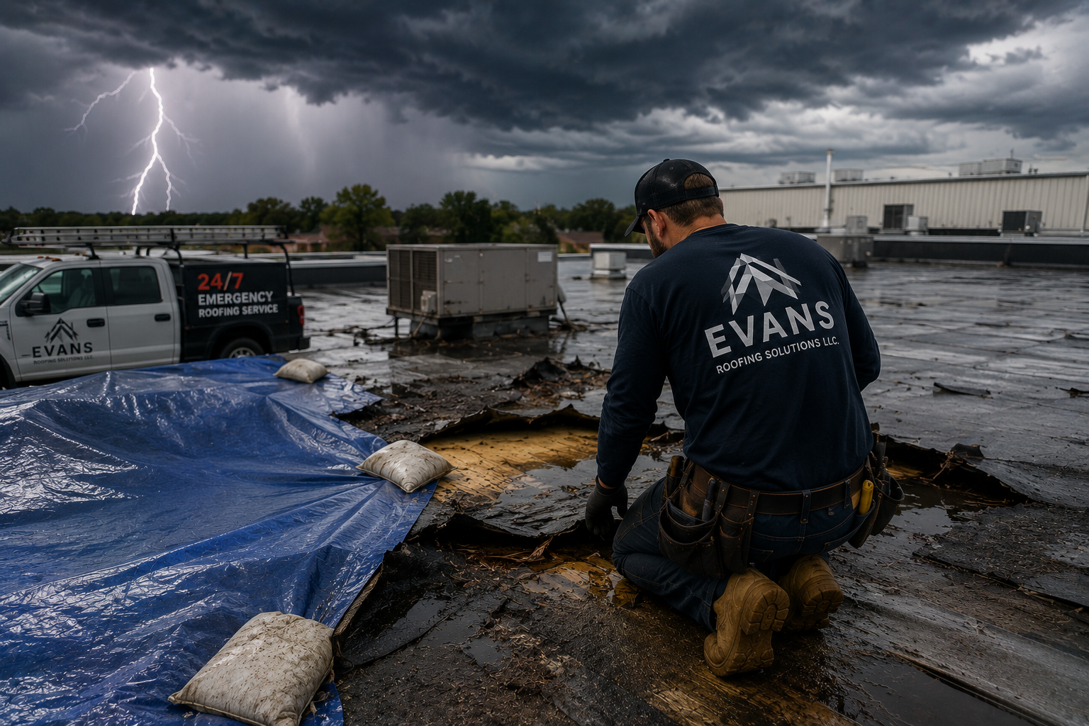 A roofing professional kneeling on a commercial roof during a storm, inspecting damage caused by lightning and rain, with a dark stormy sky and lightning in the background.