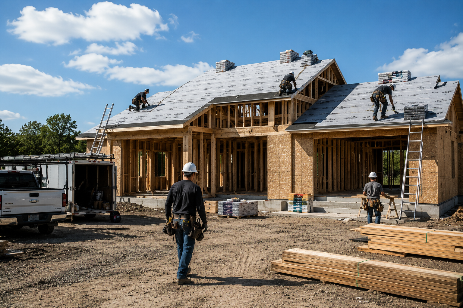 Construction workers installing roofing on a wooden house under a blue sky, with tools and building supplies around.