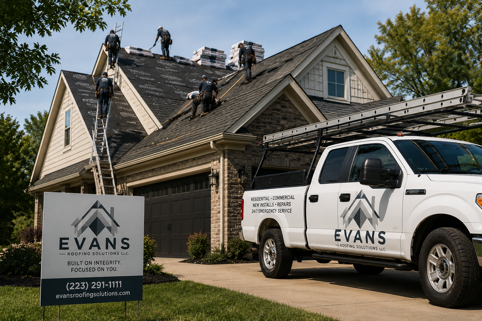Roofing workers on the roof of a house installing new shingles while a company truck and sign are parked in the driveway.