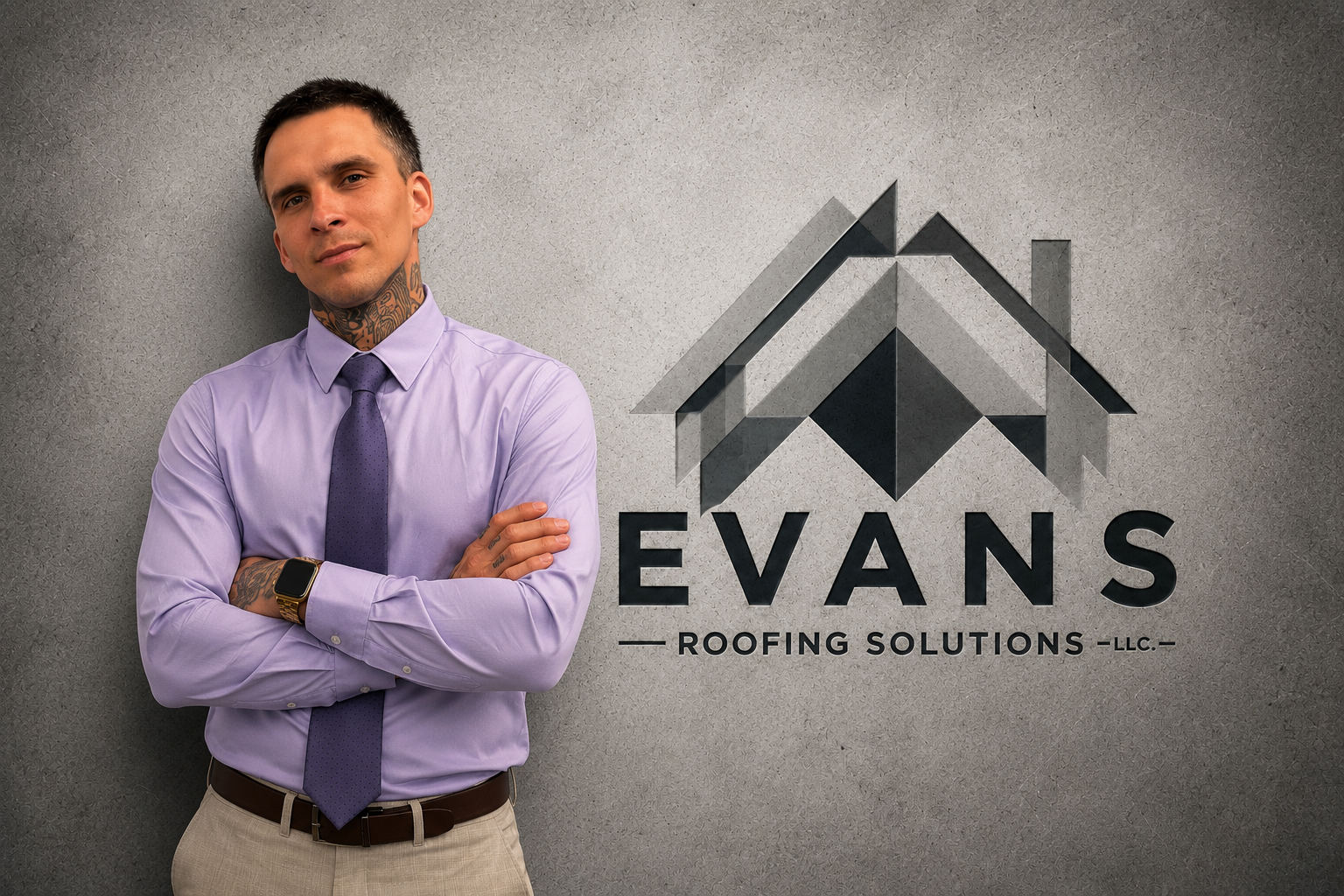 A man standing with arms crossed in front of a logo for Evans Roofing Solutions LLC on a gray wall.
