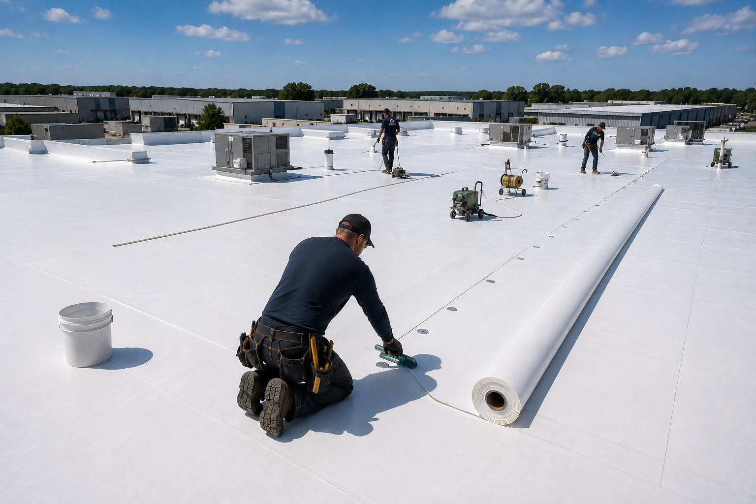 Workers installing white reflective roofing material on a flat commercial building roof under a partly cloudy sky.