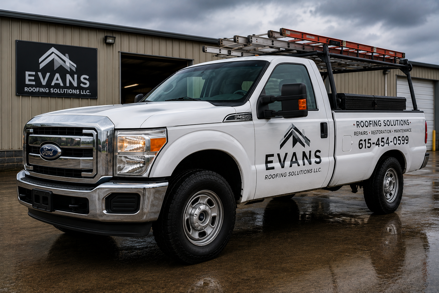 A white Ford work truck with EVANS Roofing Solutions LLC logo parked outside a business building on a wet surface.