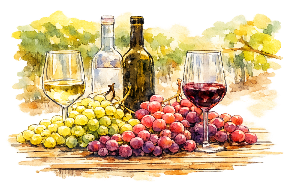 Watercolor painting of two wine glasses, one filled with white wine and the other with red wine, placed on a wooden table with bunches of green and red grapes in front. In the background, there are vineyard rows with trees and foliage.