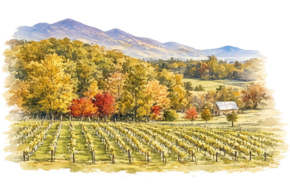 Watercolor painting of a vineyard with rows of grapevines, colorful autumn trees, a small barn, and mountains in the background.