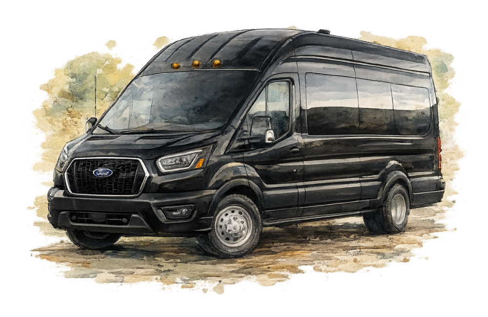 A black Ford Transit van parked outdoors on a dirt or gravel surface, with a watercolor effect applied.