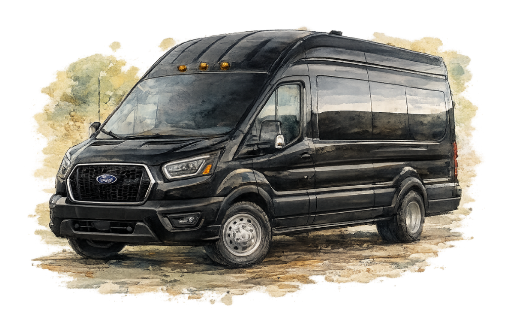 A black Ford Transit van parked outdoors on a dirt or gravel surface, with a watercolor effect applied.