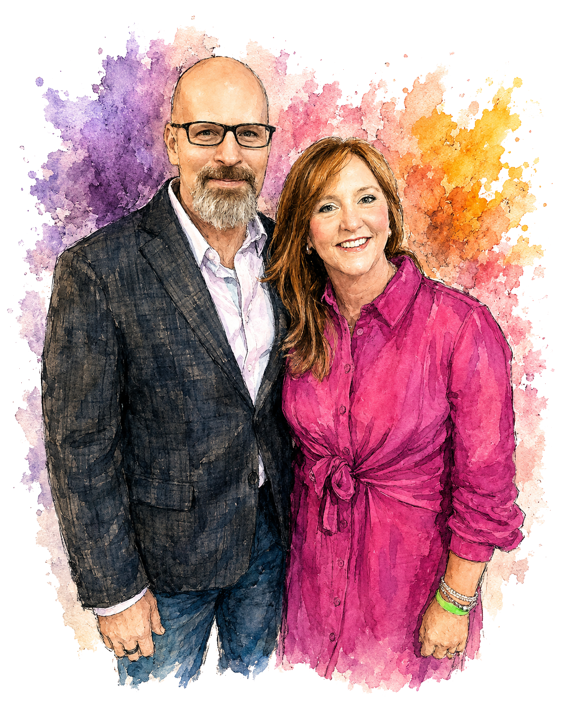 A watercolor-style photo of a man with glasses and a beard wearing a dark plaid blazer and a woman with red hair wearing a bright pink dress, standing together with a colorful watercolor background.