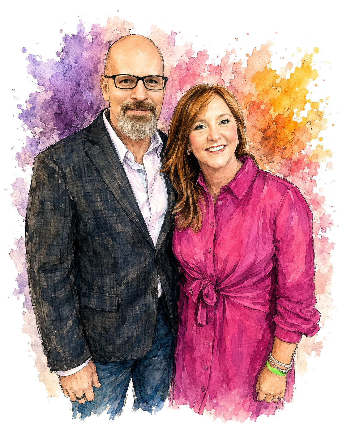 A watercolor-style photo of a man with glasses and a beard wearing a dark plaid blazer and a woman with red hair wearing a bright pink dress, standing together with a colorful watercolor background.