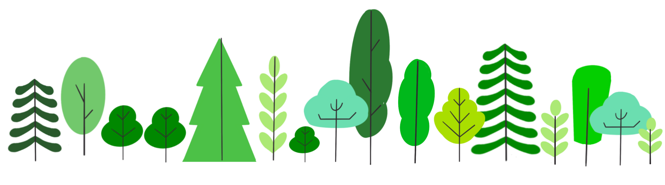 Image of an illustrated line of trees of different shapes and shades.