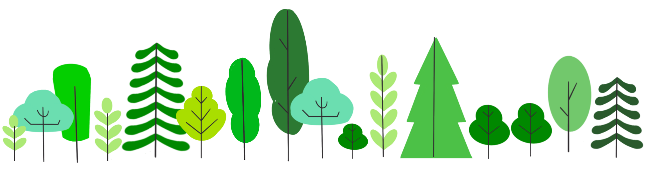 A line of hand-drawn trees in different shapes and shades