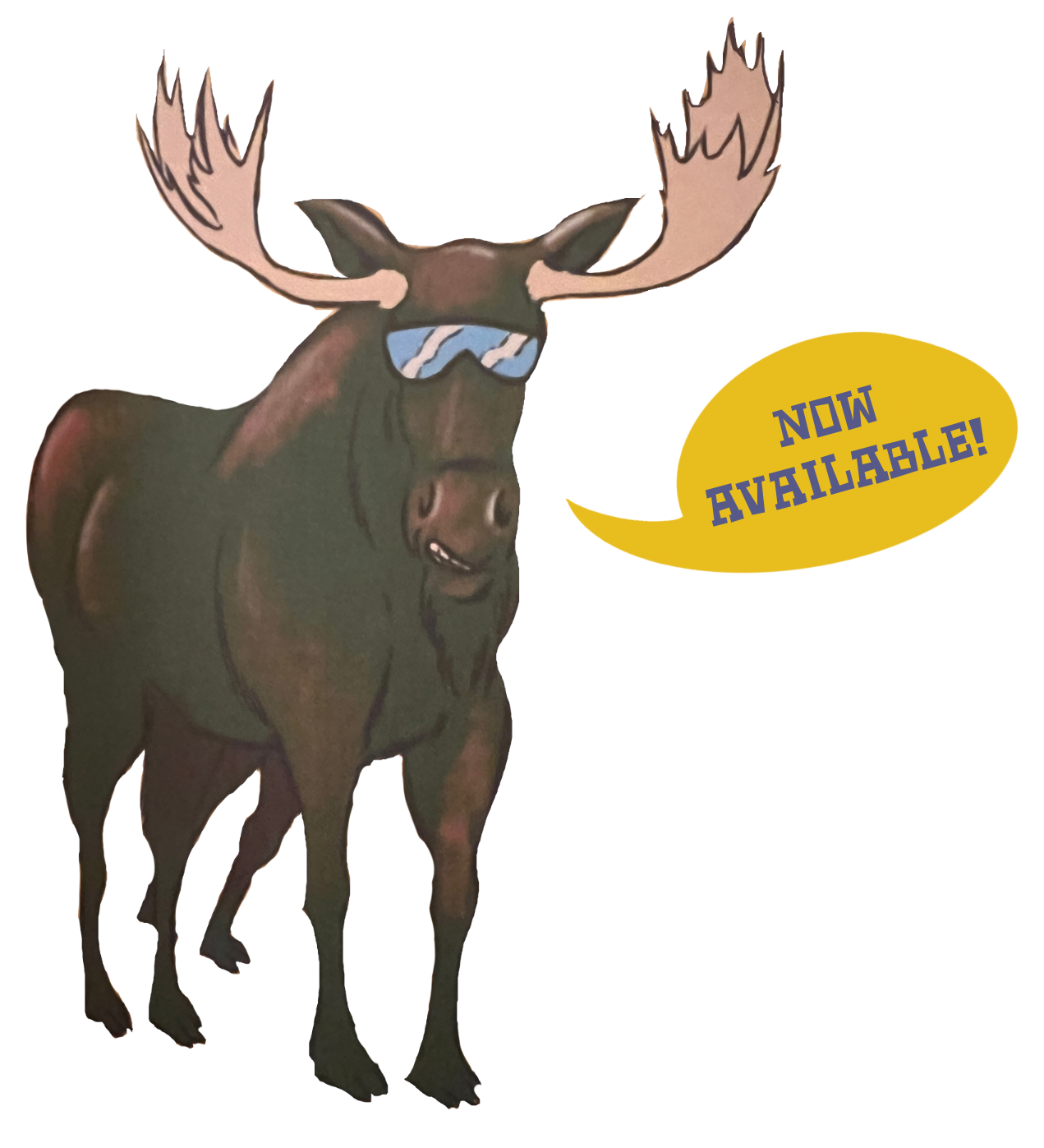 Illustration of a moose in sunglasses with word bubble that reads, "Now available!"