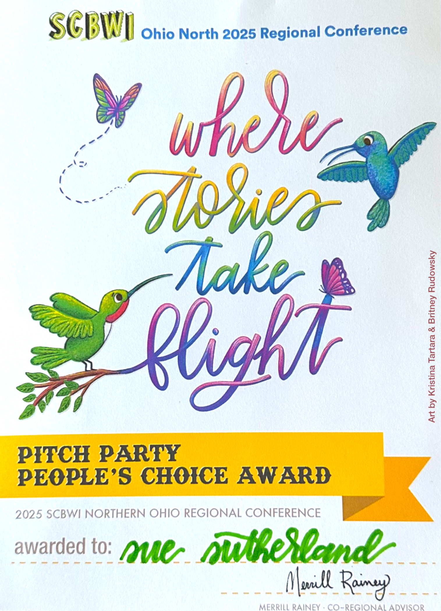 Image of an award with two illustrated hummingbirds and a butterfly, with rainbow script letter saying "Where stories take flight" and "Pitch Party People's Choice Award.