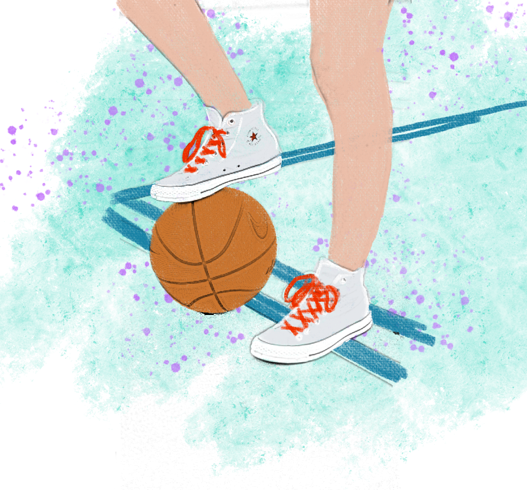Illustration of feet in white sneakers on top of a basketball.