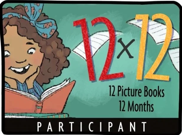 Logo with an illustration of a little girl with curly brown hair lying on her belly reading a book. Next to it the words "12x12."