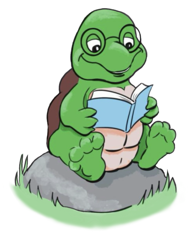 A hand-drawn image of a turtle in glasses sitting on a rock and reading.