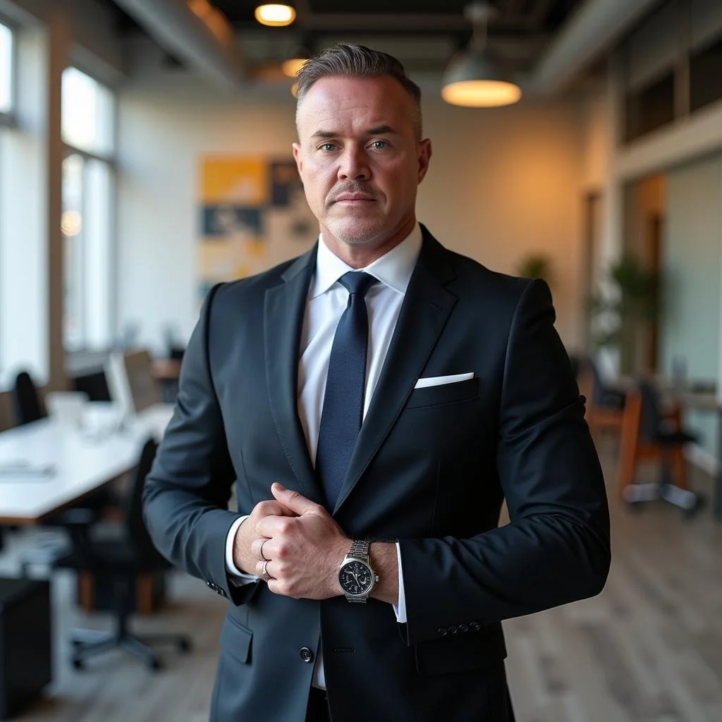 A man in a black suit, white shirt, and black tie standing in an office, looking at the camera with a serious expression.