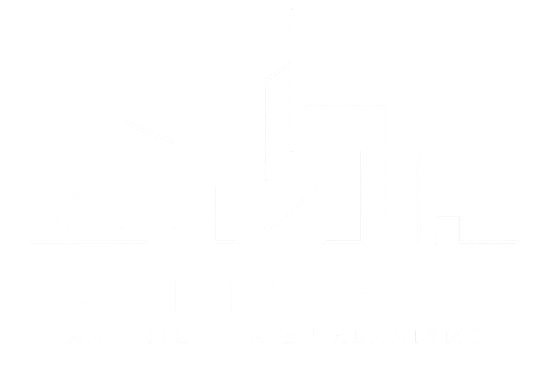 Logotipo branco em fundo preto com linhas geométricas que representam uma cidade, e o texto 'Martinelli Arquitetura e Urbanismo'.