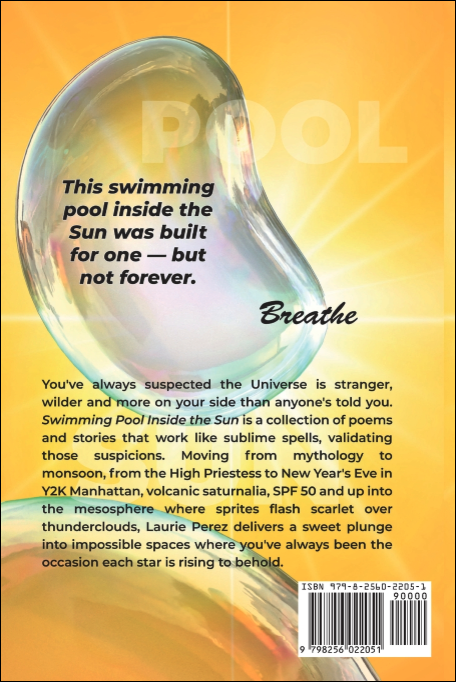 Back cover of the book SWIMMING POOL INSIDE THE SUN by Laurie Perez