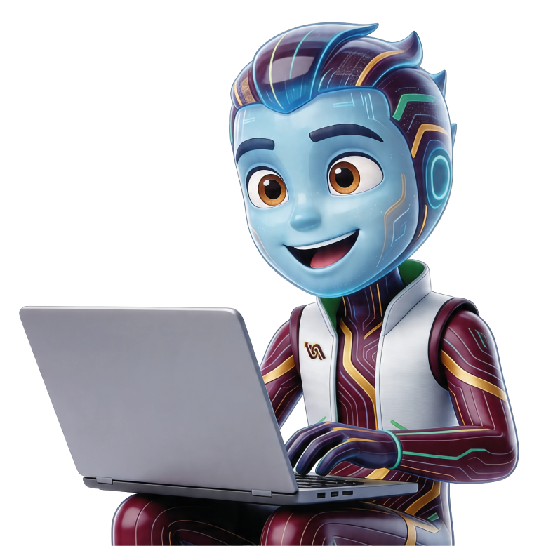 Personaje animado con cabeza azul y cabello con tonos morados y verdes, vistiendo ropa futurista, usando una computadora portátil.