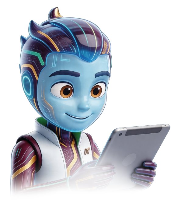 Número de ciencia, personaje con piel azul, cabello con luces neón y traje futurista, sosteniendo una tableta