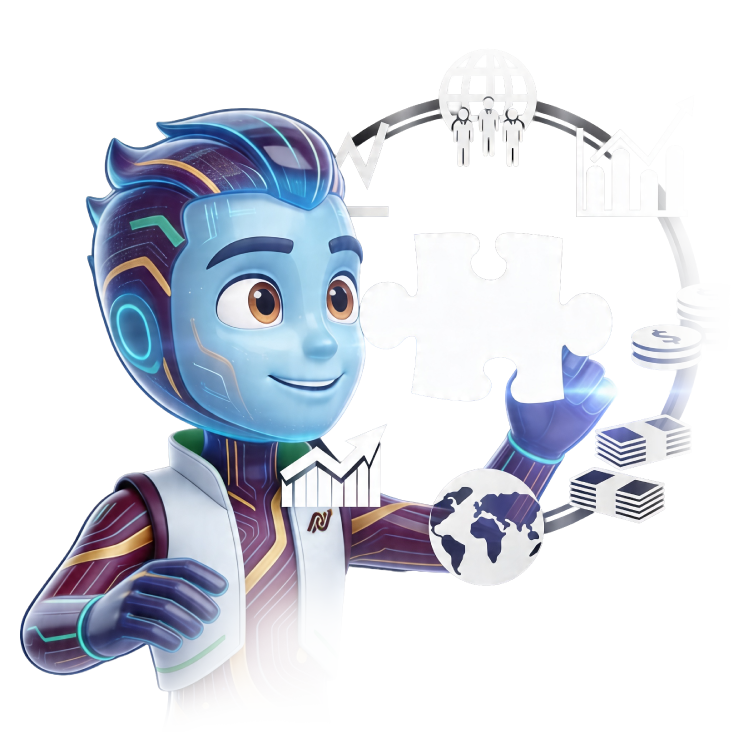 Personaje futurista con rostro de robot y aspecto digital, sosteniendo una pieza de rompecabezas, rodeado de iconos de crecimiento económico, globalización y dinero, representando conceptos de economía digital y tecnología global.