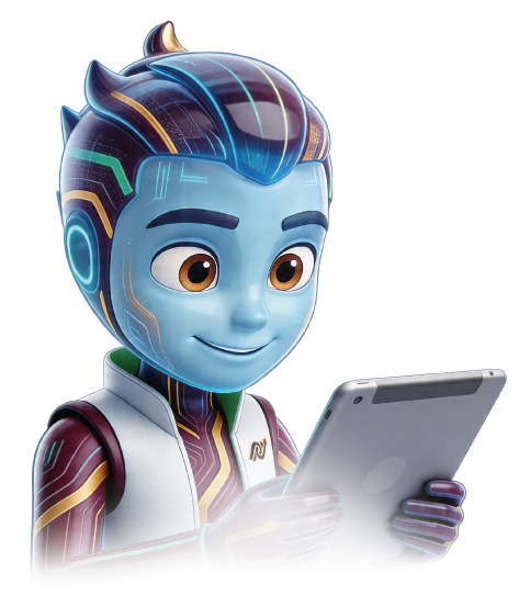 Personaje de caricatura con piel azul, cabello tecnológicamente estilizado, vestido futurista, sosteniendo una tableta y sonriendo.
