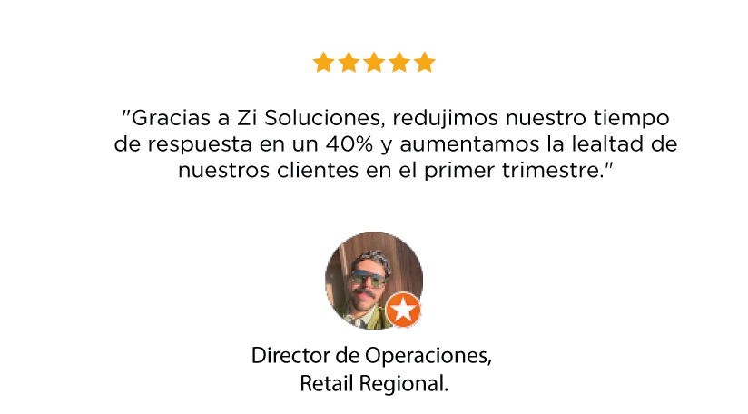 Testimonio de cliente de Zi Soluciones con cinco estrellas, agradeciendo la reducción del tiempo de respuesta en un 40% y aumento de la lealtad en el primer trimestre. Incluye foto del director de operaciones regional, con icono de estrella naranja.
