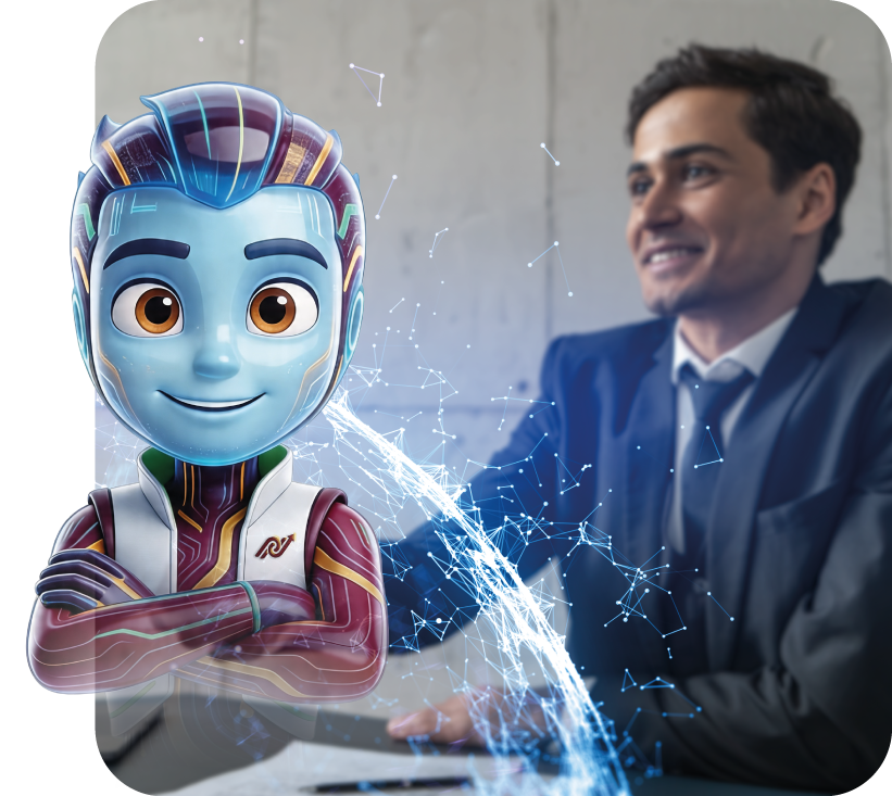 Un robot de aspecto futurista con cara amigable y ojos grandes, y un hombre de negocios en un traje, en un entorno moderno, interactuando en una escena que combina elementos digitales y tecnológicos.