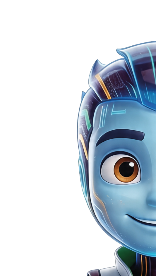 Mitad de la cara de un personaje animado con cabello azul y ojos marrones, sonriendo, con fondo transparente.