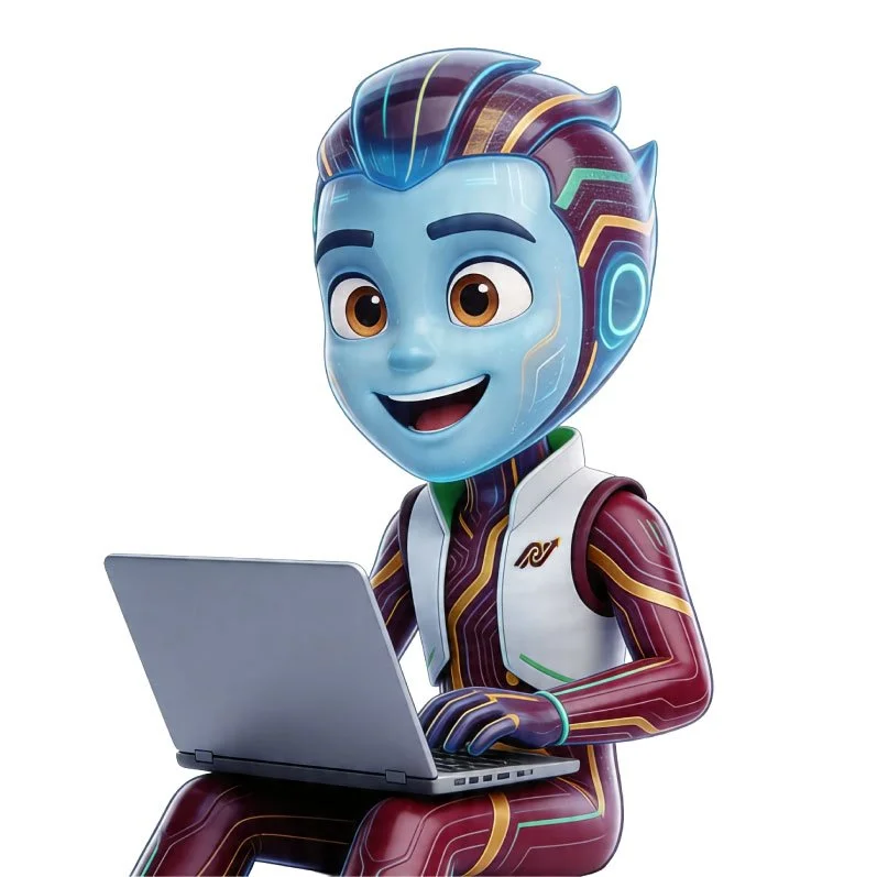 Un personaje con piel y cabello en tonos azules y morados, con un diseño futurista y un laptop.