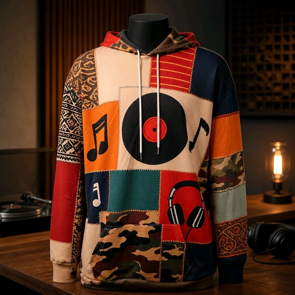 Patchwork Music-Lite Weight Hoodie-XL
