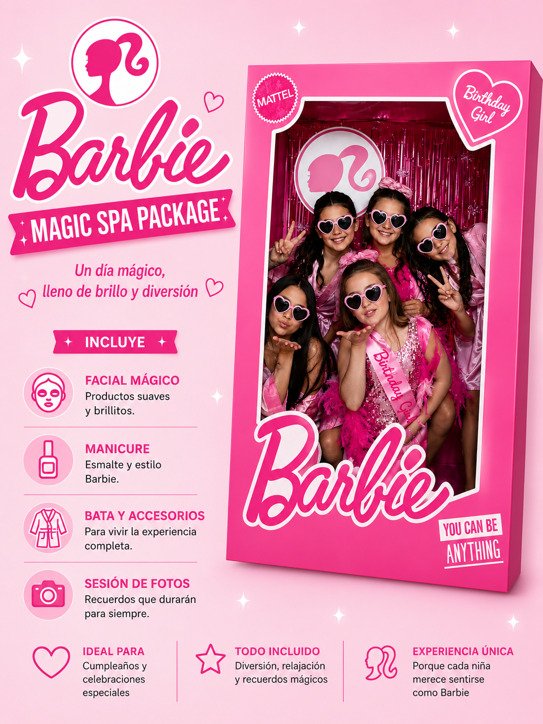 Paquete de spa mágico de Barbie con temática de cumpleaños de niña, incluye productos suaves y brillantes para rostro, esmalte y estilo de Barbie, accesorios, sesión de fotos, adecuado para cumpleaños y celebraciones especiales, todo incluido para una experiencia mágica y divertida.