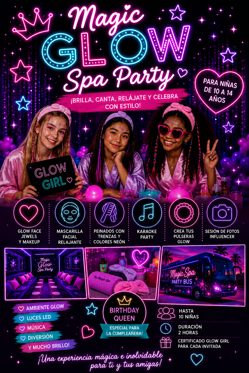 Cartel promocional para una fiesta temática llamada "Magical Glow Spa Party" dirigida a niñas de 10 a 14 años. Incluye decoraciones con luces de neón, imágenes de niñas disfrazadas con maquillaje y accesorios fluorescentes, y detalles promocionales sobre actividades y servicios como maquillaje, mascarillas faciales, peinados con trenzas y colores neón, karaoke, creación de pulseras glow, y sesiones de fotos con influencer. Mostrar también un autobús decorado con luces y un ambiente de spa decorado con luces led y cojines.