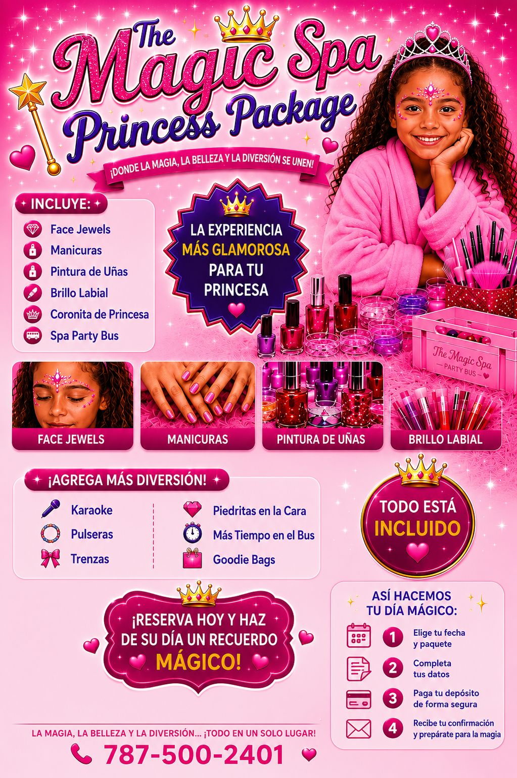 Folleto promocional de un spa con temática de princesa, en tonos rosas y morados, que ofrece paquetes de belleza y diversión con joyas para la cara, manicuras, pintura de uñas, brillo labial, corona de princesa y autobús de fiesta spa, con información de contacto y actividades adicionales como karaoke, pulseras, trenzas, piedritas en la cara, más tiempo en el autobús y bolsas de regalo.