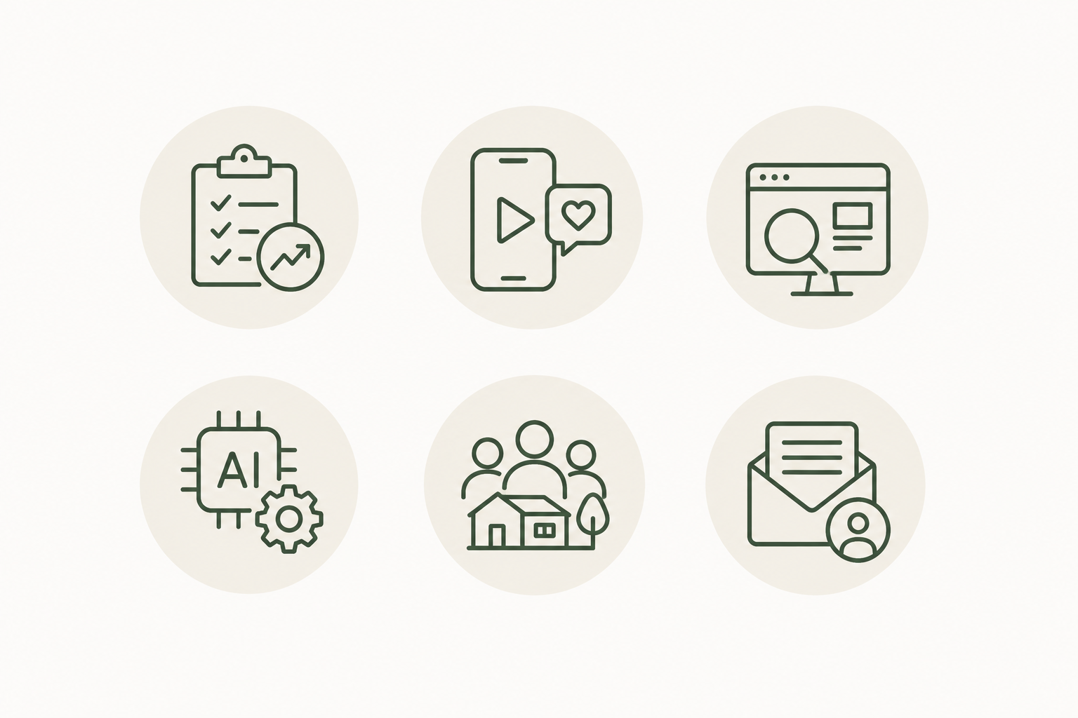 Six icons representing different concepts: a clipboard with a graph, a smartphone with a play button and a heart, a computer screen with a magnifying glass, a microchip with AI text and a gear, a group of people with houses and trees, and an envelope with a person icon.