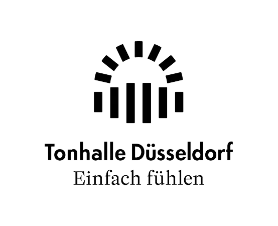 Logo der Tonhalle Düsseldorf mit einem Orchester oder Pauke und dem Slogan 'Einfach fühlen' darunter.