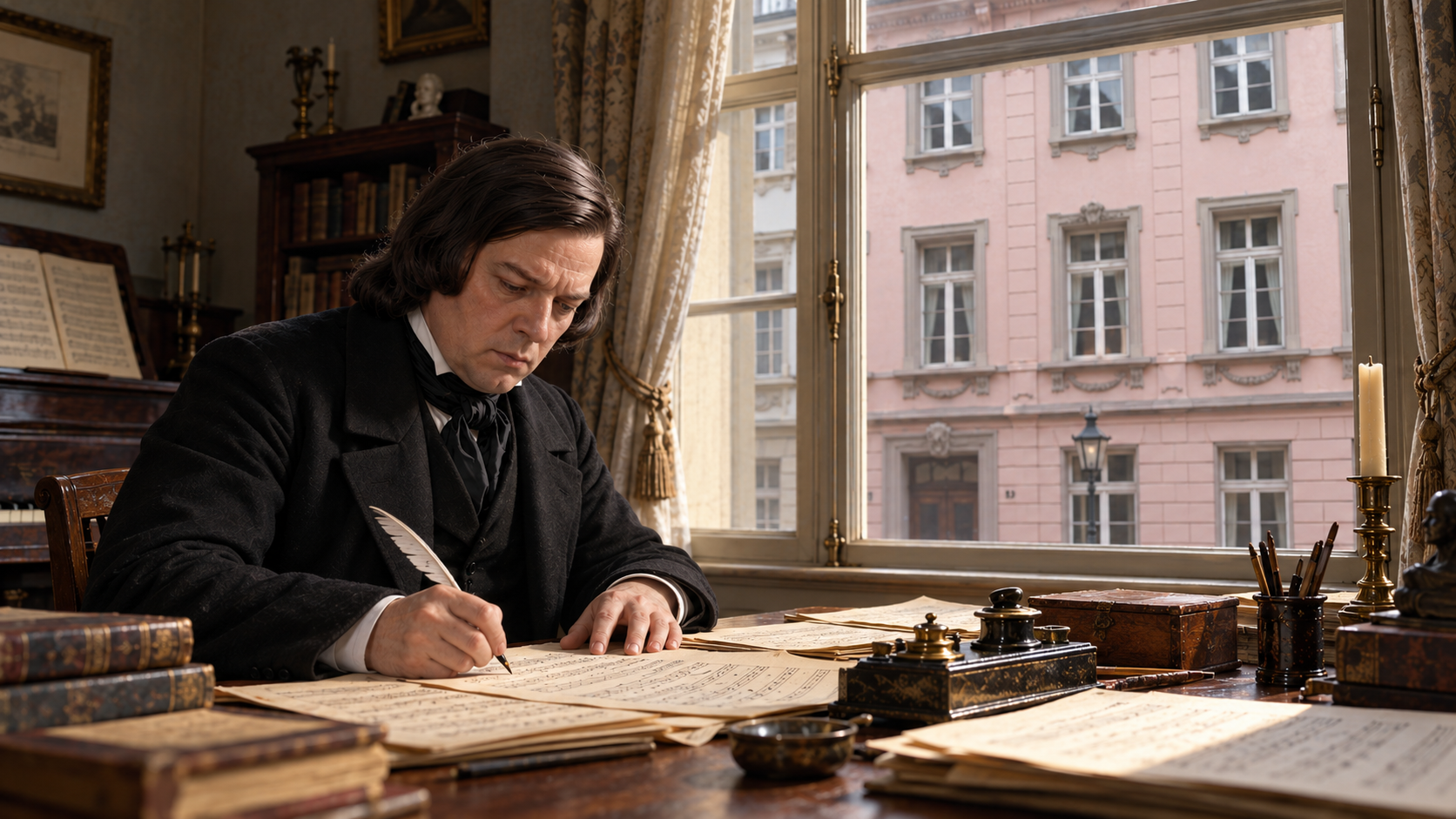 Historische Rekonstruktion von Robert Schumann beim Komponieren der „Rheinischen“ Sinfonie in Düsseldorf mit Blick auf den Rhein.
