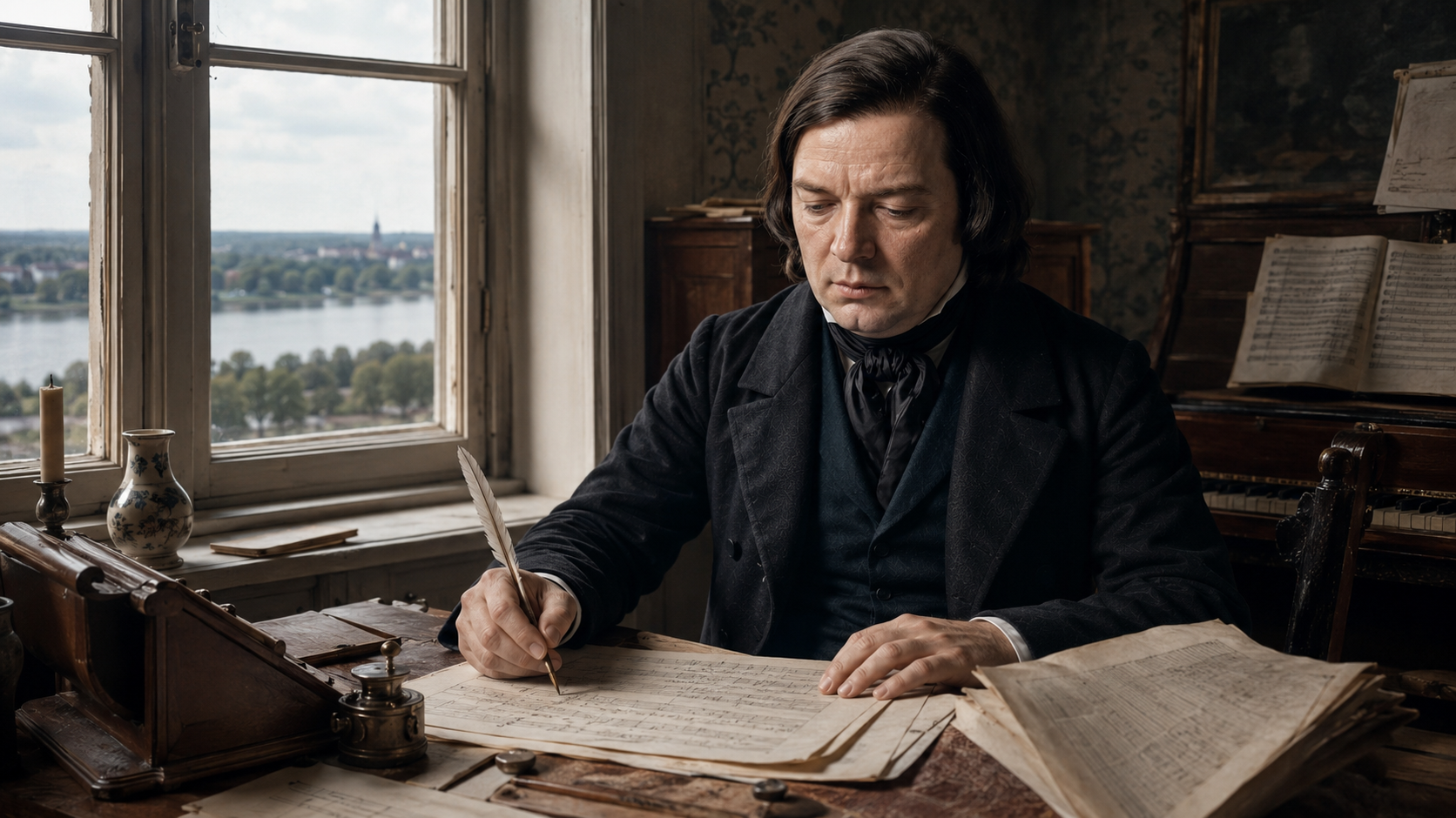 Historische Rekonstruktion von Robert Schumann beim Komponieren der „Rheinischen“ Sinfonie in Düsseldorf mit Blick auf den Rhein.
