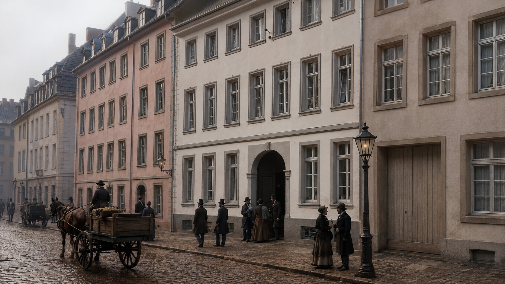 Historische Rekonstruktion des Schumann-Hauses in der Bilker Straße in Düsseldorf mit Passanten und Pferdefuhrwerk.