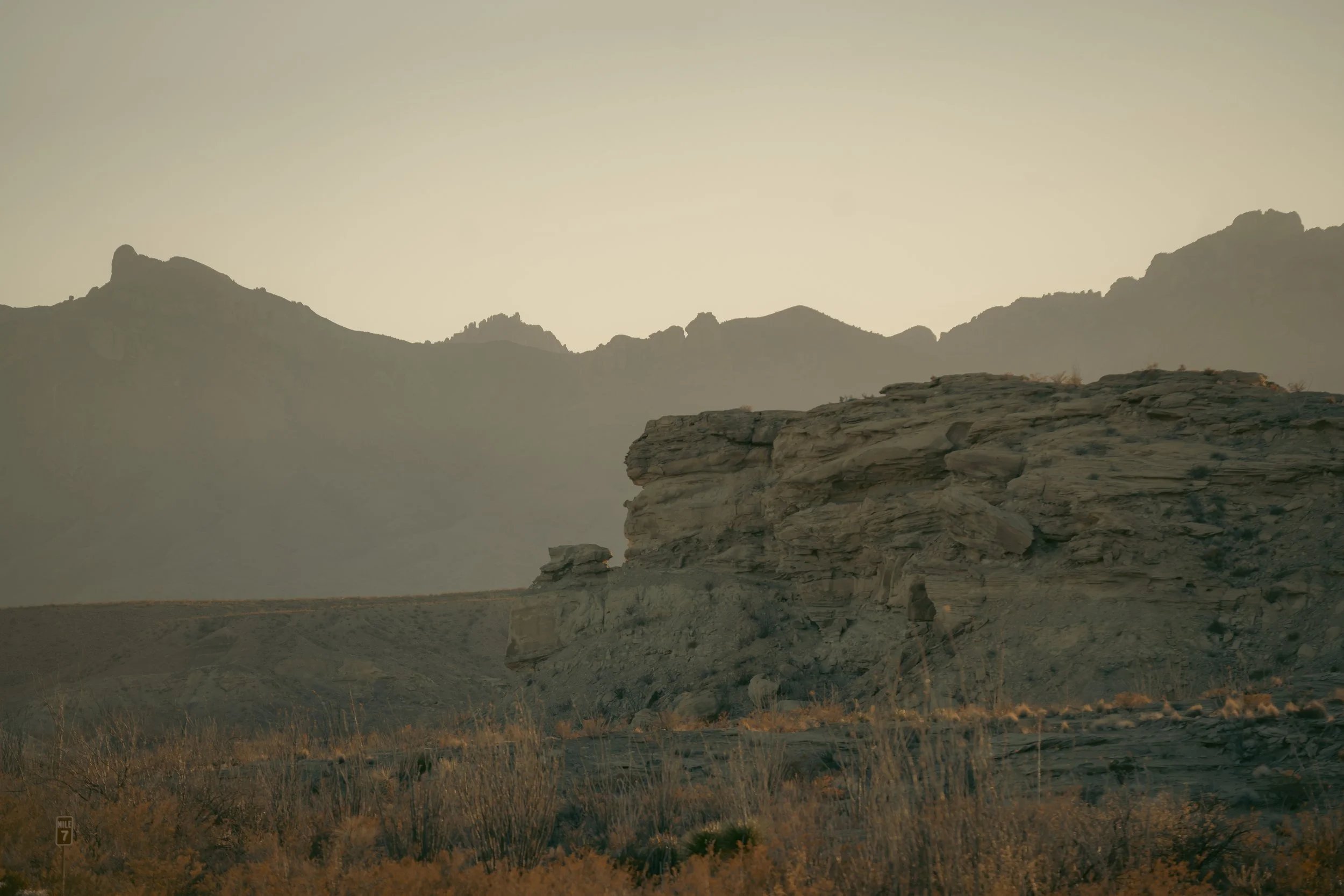 Scenic view of rugged mountains in the distance with a rocky foreground and sparse desert vegetation in the foreground, under a clear sky. Big Bend National Park, January 2025.