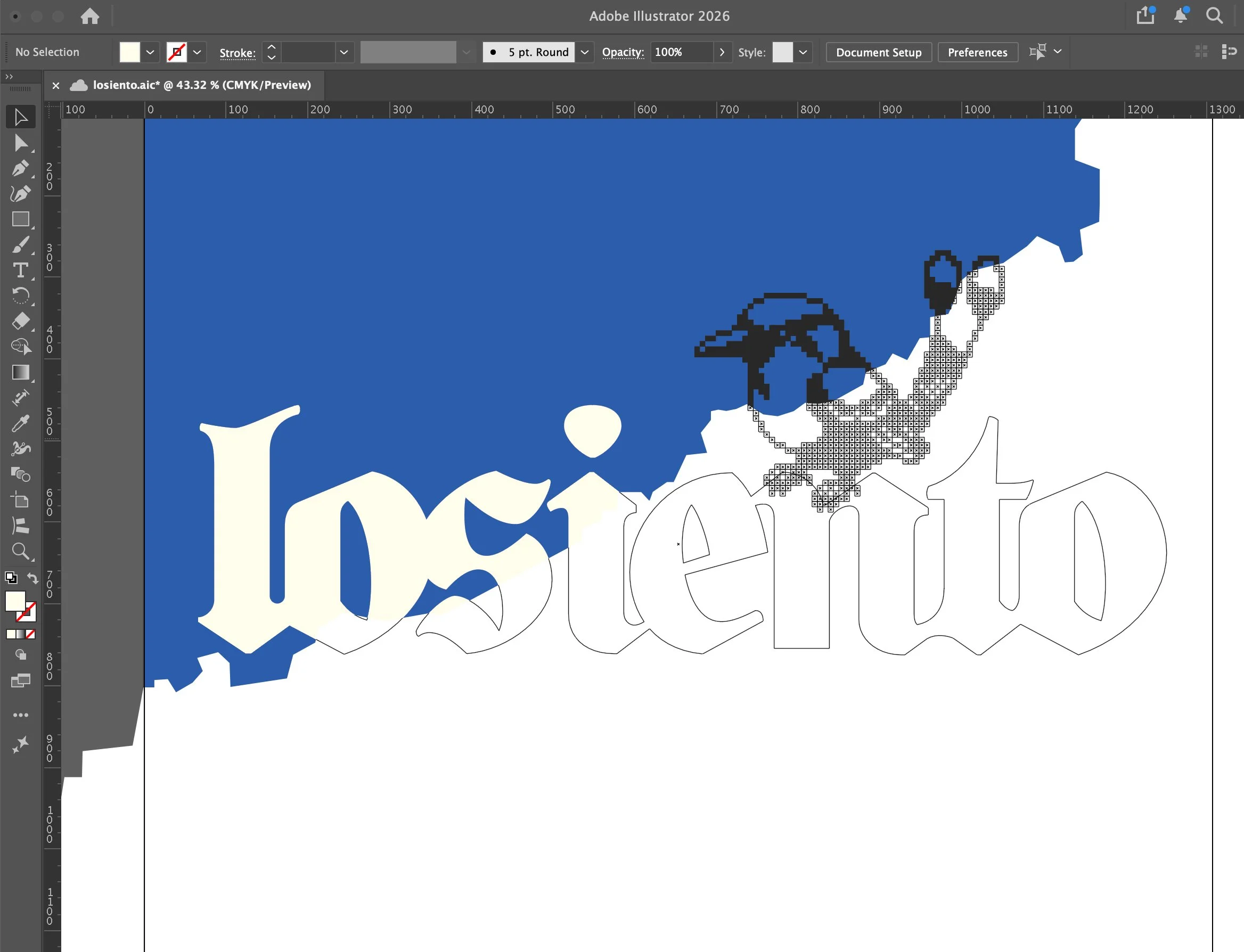 A digital workspace of Adobe Illustrator 2026 showing a partially completed graphic design. The design includes a large blue shape with jagged edges and a pixelated skull image with glasses. The workspace includes various toolbars on the left side, a ruler at the top, and a section of the design with outlined text.