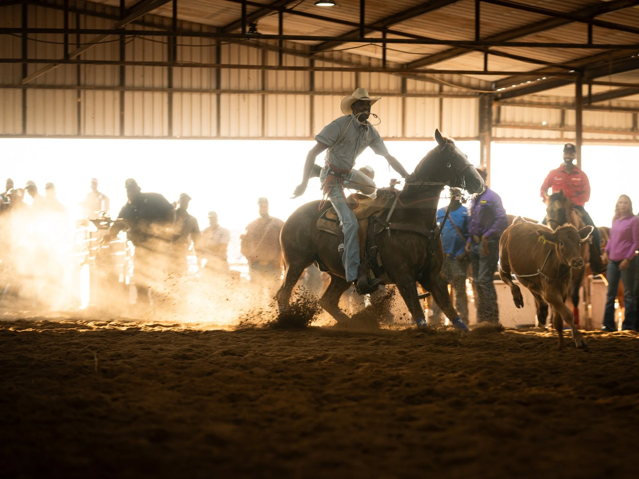 Cowboy calf-roper dismounting his horse with rays of light present from the kicked up dirt. Shot in Hempstead, Texas.