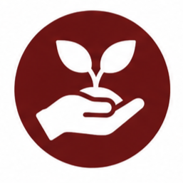 A white hand holding a small plant with two leaves inside a red circle.