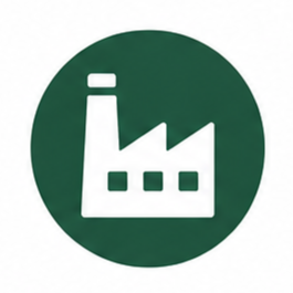 Icon of a factory with three smokestacks inside a green circle.
