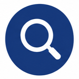 Magnifying glass icon inside a blue circle.