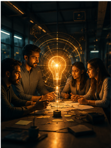 Five people sitting around a table with a glowing lightbulb and digital light effects above it, indicating a brainstorming or innovation session in a dark, modern office.