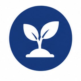 A white plant sprouting from the ground inside a blue circular background.